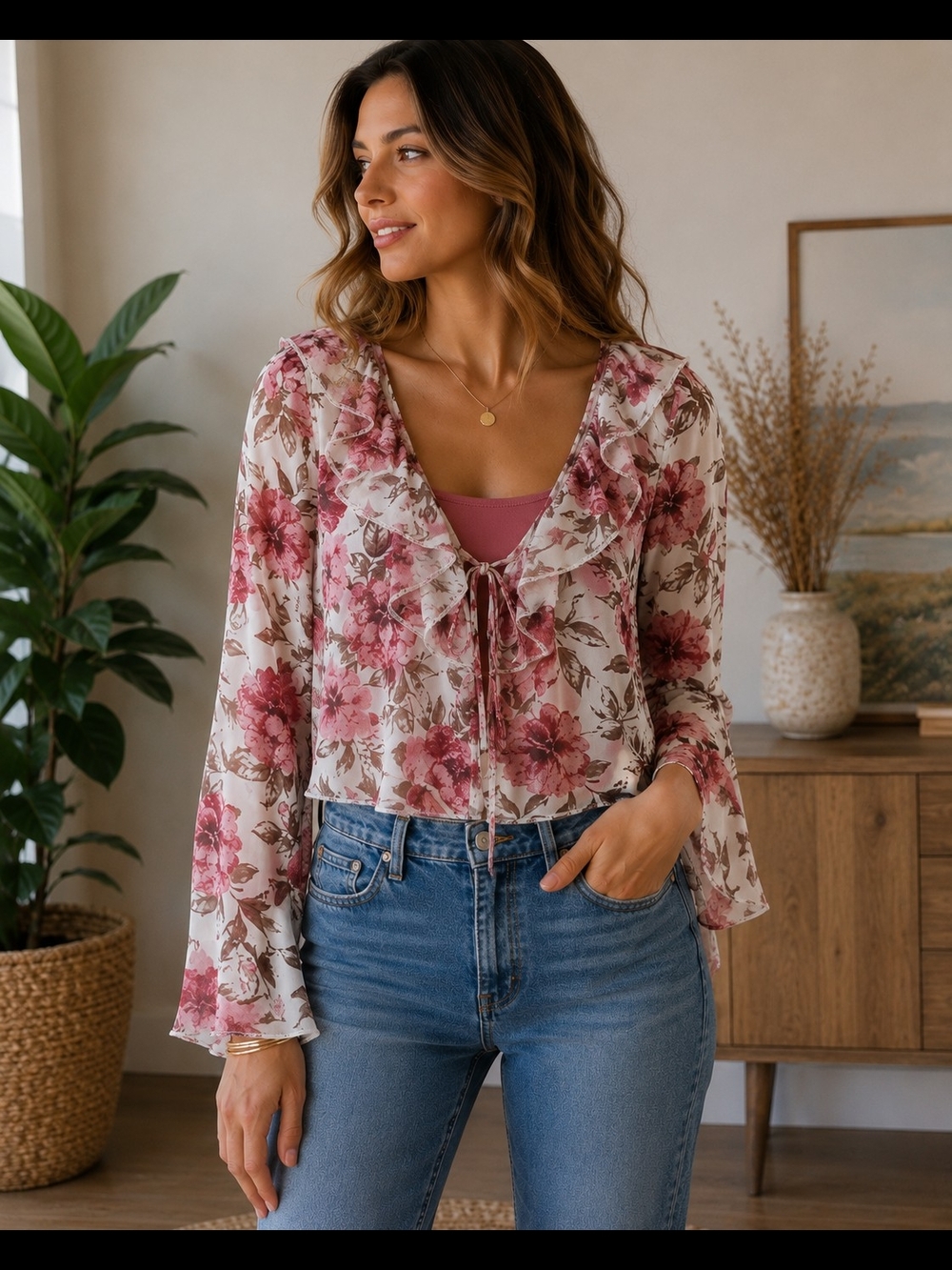 Ruffled Floral Tie-Front Blouse - Pink Floral